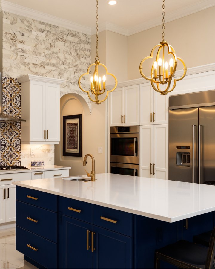 Custom kitchen with wood cabinets and designer backsplash